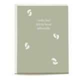 Tiny Feet Baby Card with a soft green background and white footprints, featuring the text "Goodbye Sleep! Hello tiny feet ...