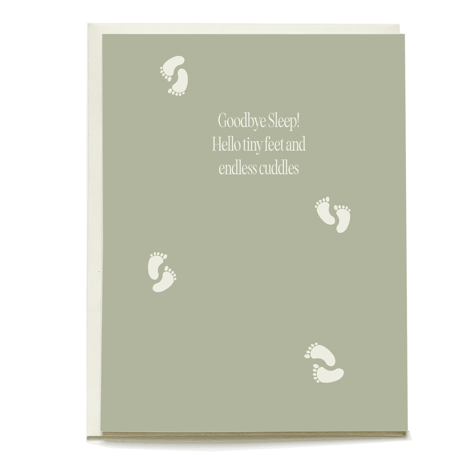 Tiny Feet Baby Card with a soft green background and white footprints, featuring the text "Goodbye Sleep! Hello tiny feet ...