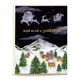 To All A Good Night holiday card featuring Santa and reindeer over snowy mountains and a village at night.