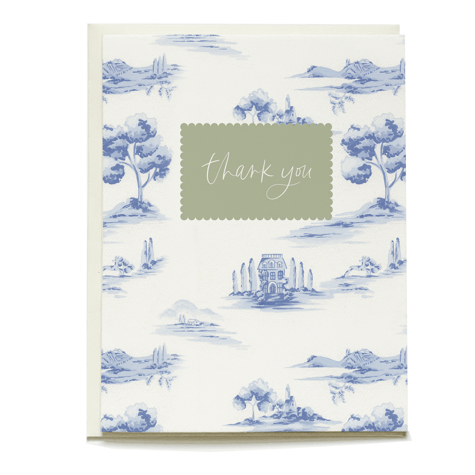 Toile thank you card featuring blue landscape illustrations and a green scalloped label with "thank you" text.