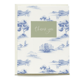 Toile thank you card featuring blue landscape illustrations and a green scalloped label with "thank you" text.