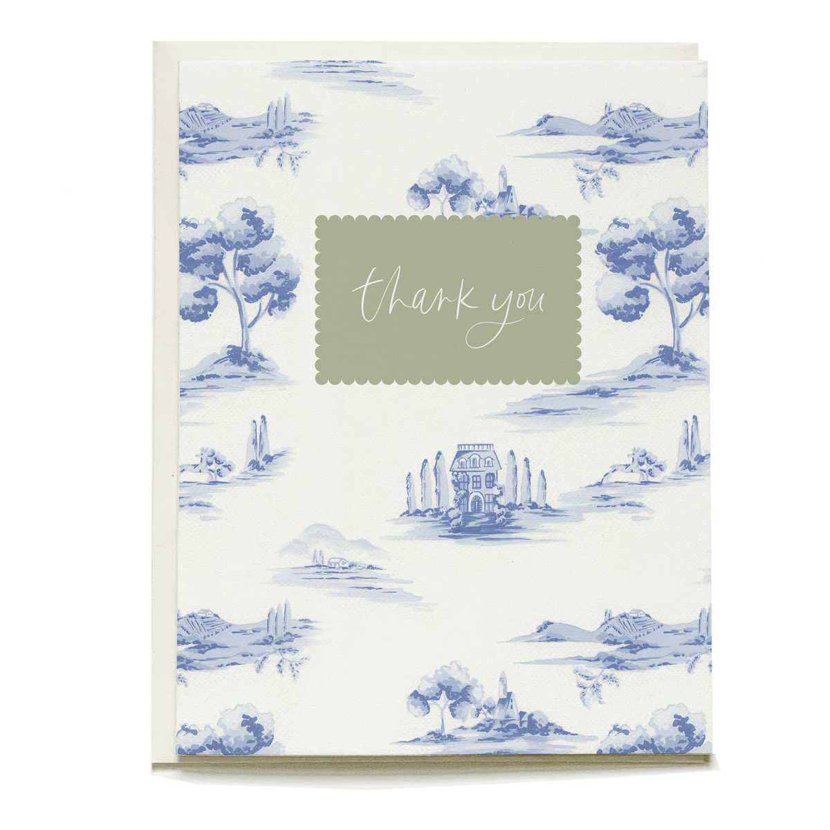 Toile thank you card featuring blue landscape illustrations and a green scalloped label with "thank you" text.