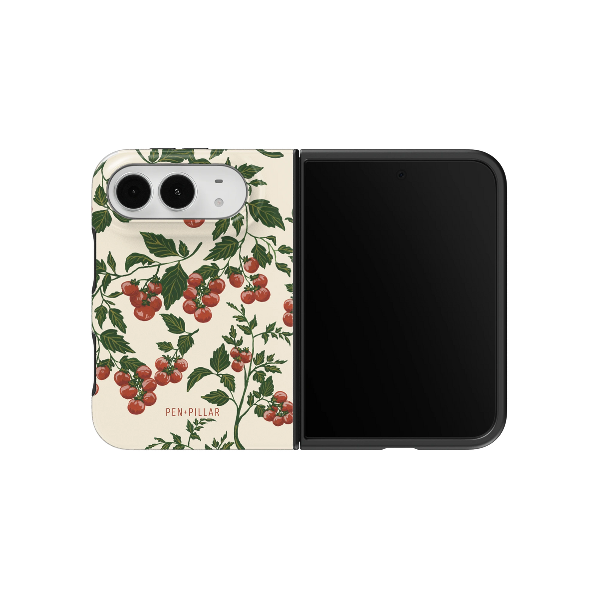 Tomato Vines iPhone 18 Duo case on an unfolded iPhone 18 Duo, back and screen side by side: red tomatoes on leafy green vines over cream