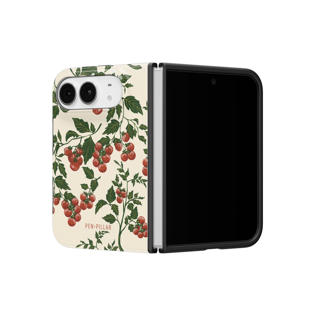 Tomato Vines iPhone 18 Duo case on a half-open iPhone 18 Duo, angled view