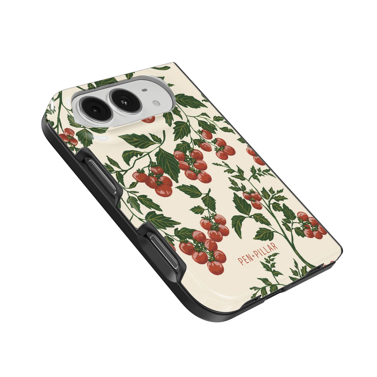 Tomato Vines iPhone 18 Duo case, angled view showing the camera surround and side buttons
