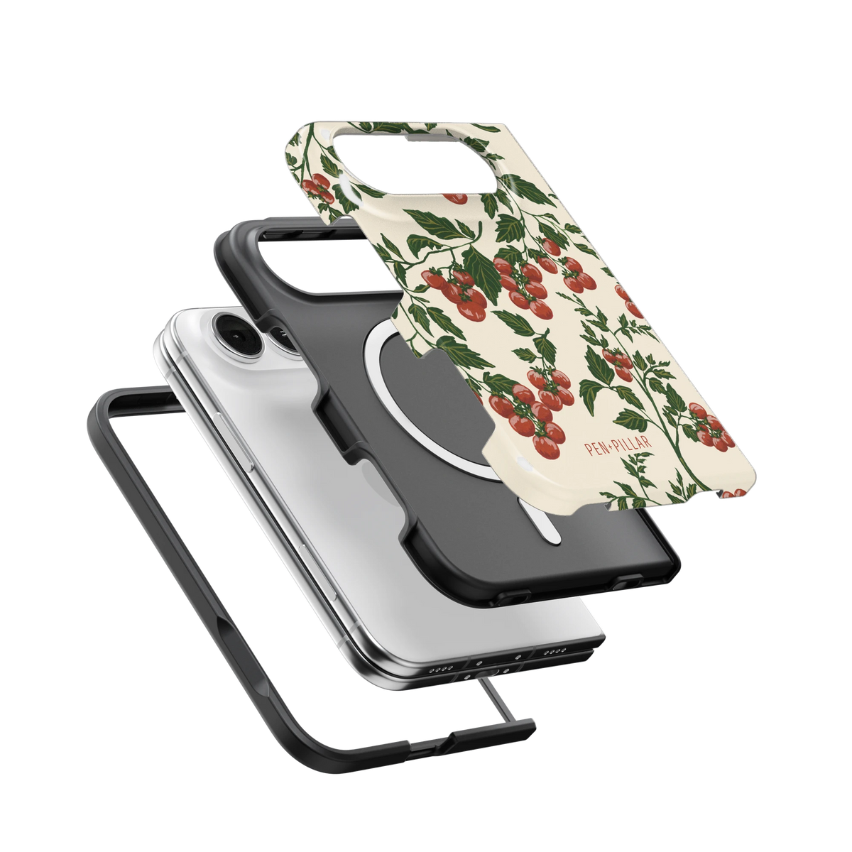 Tomato Vines iPhone 18 Duo case, exploded view of the printed shell, black inner layer with MagSafe ring, and phone