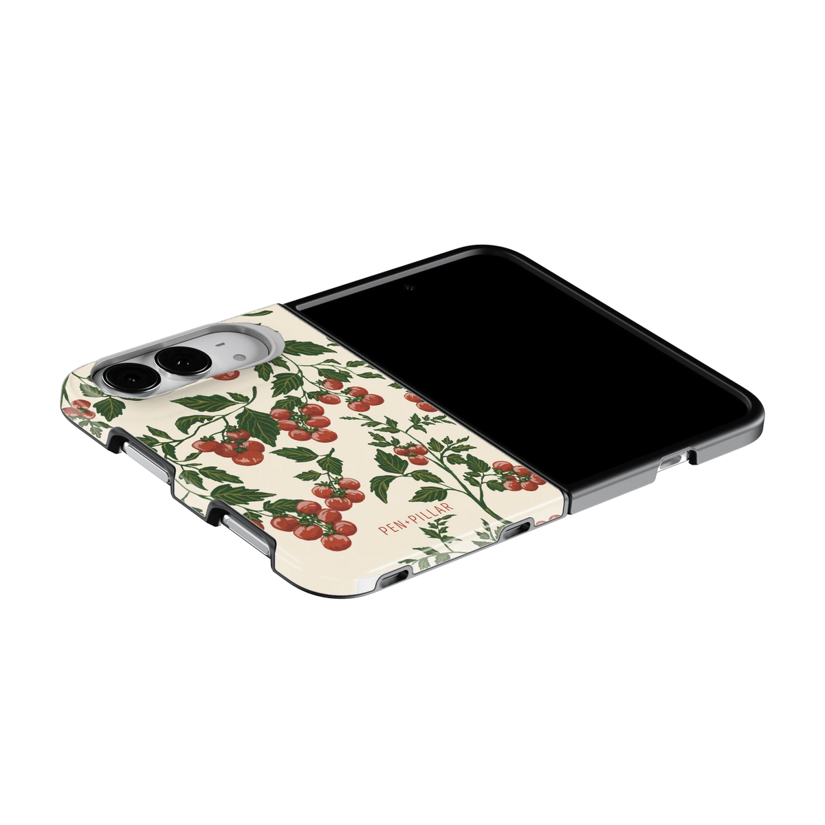 Tomato Vines iPhone 18 Duo case on an iPhone 18 Duo lying flat, unfolded