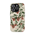 Tomato vines iPhone case featuring red tomatoes and green leaves on a cream background.