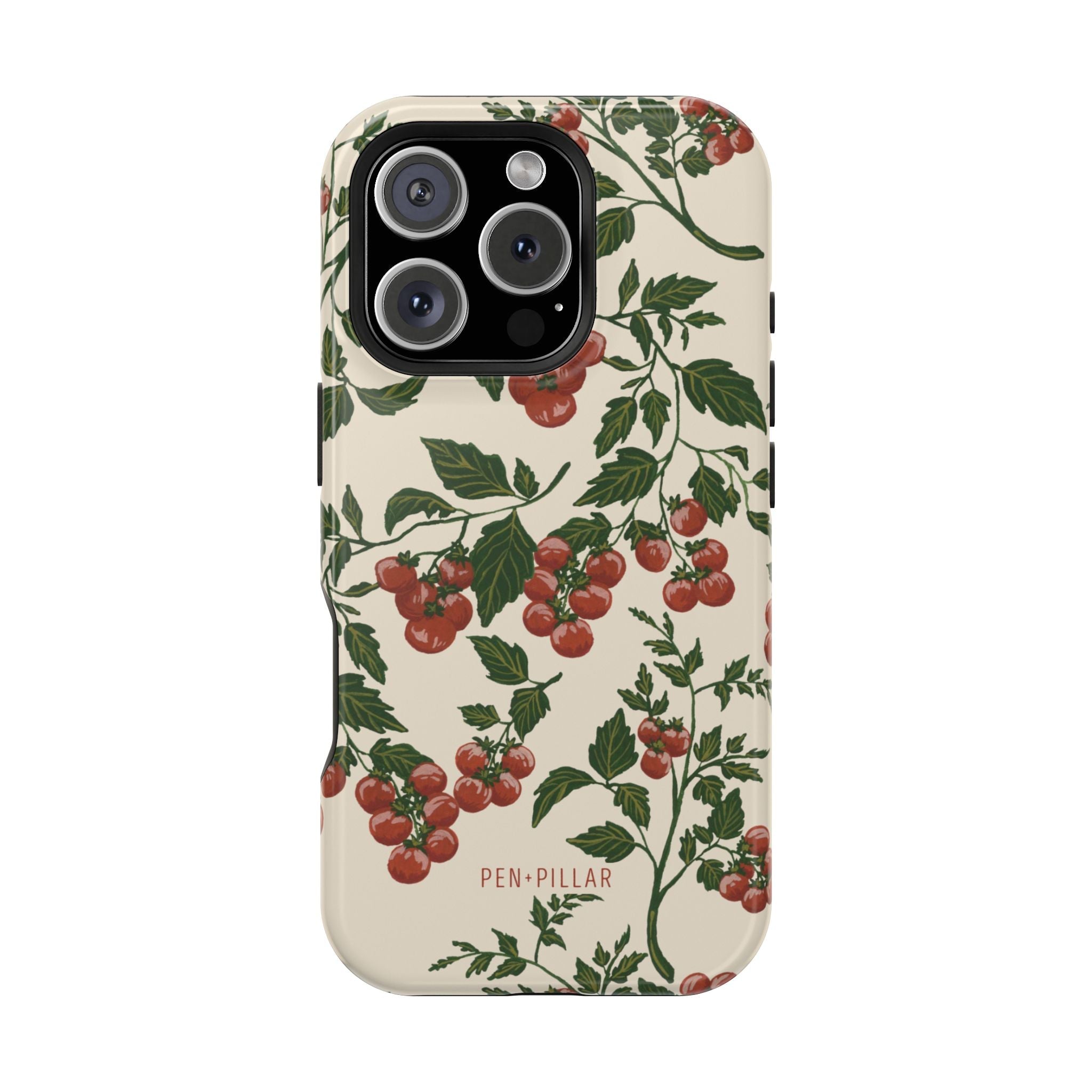 Tomato vines iPhone case featuring red tomatoes and green leaves on a cream background.