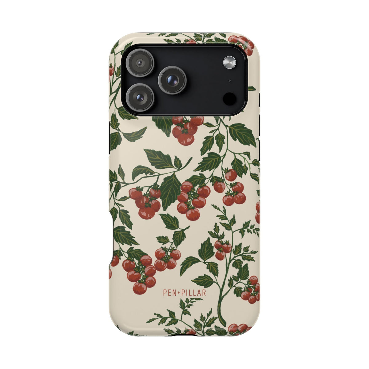 Tomato vines iPhone case featuring a cream background with red tomatoes and green leaves design.