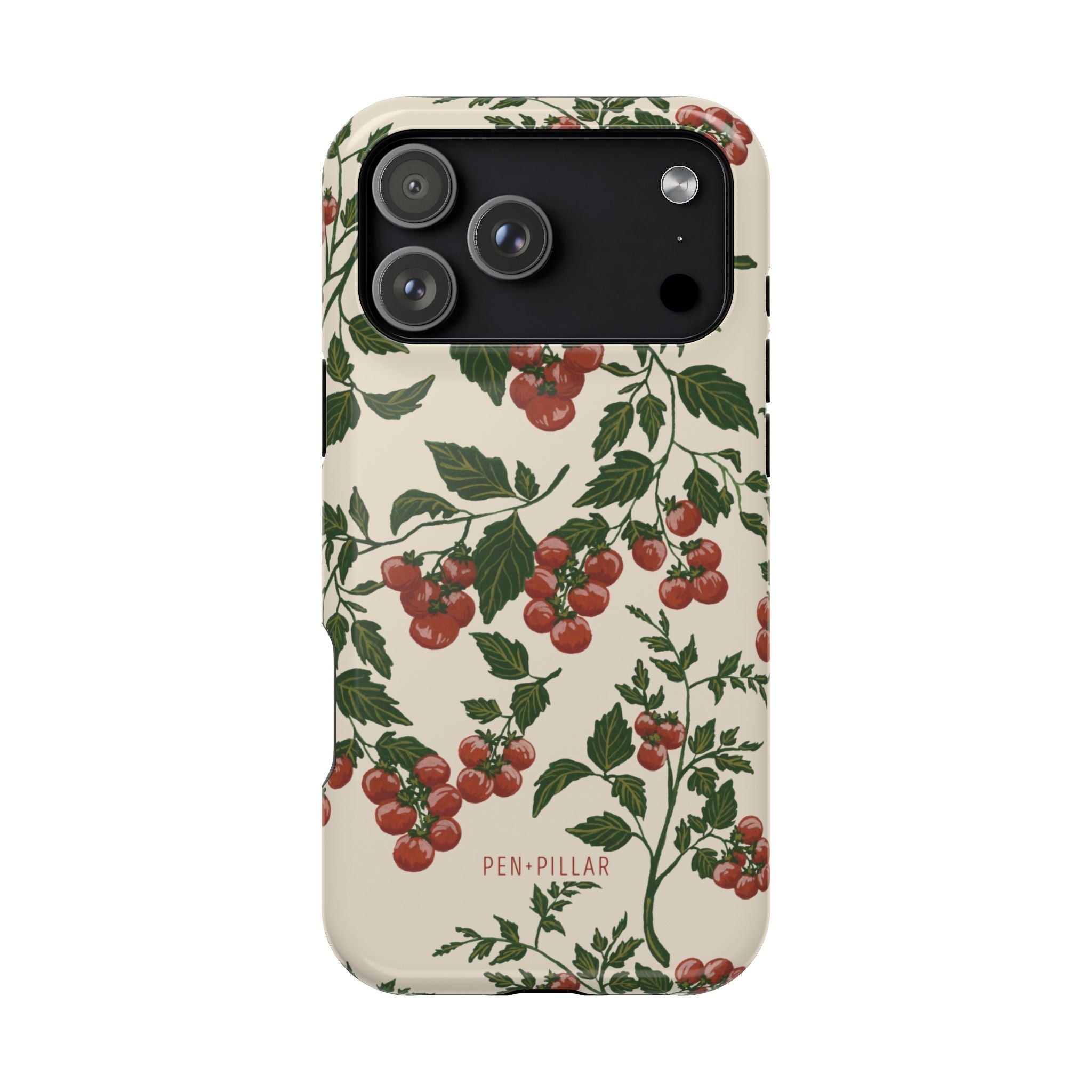 Tomato vines iPhone case featuring a cream background with red tomatoes and green leaves design.