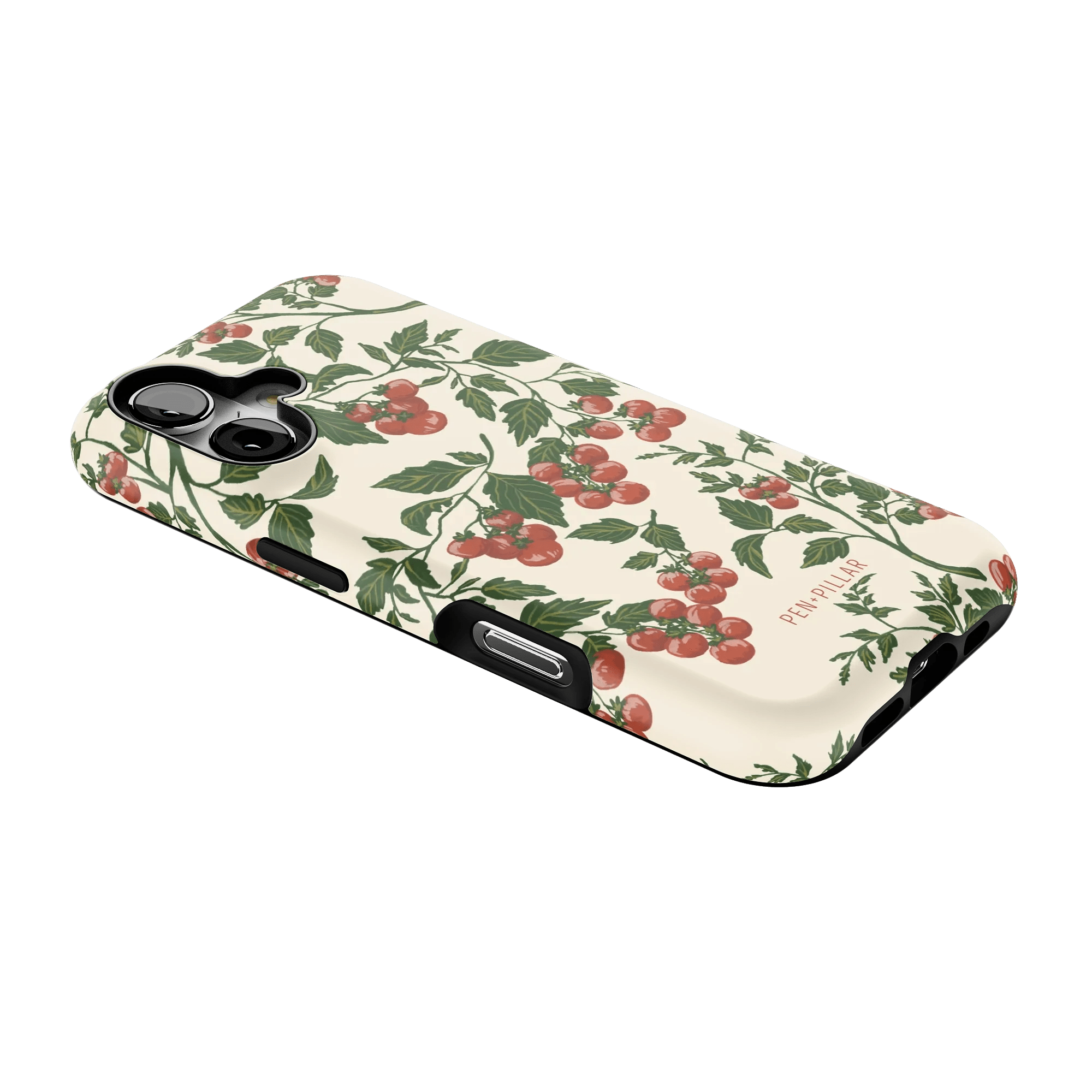 Tomato vines iPhone case featuring a cream background with red tomatoes and green leaves design.