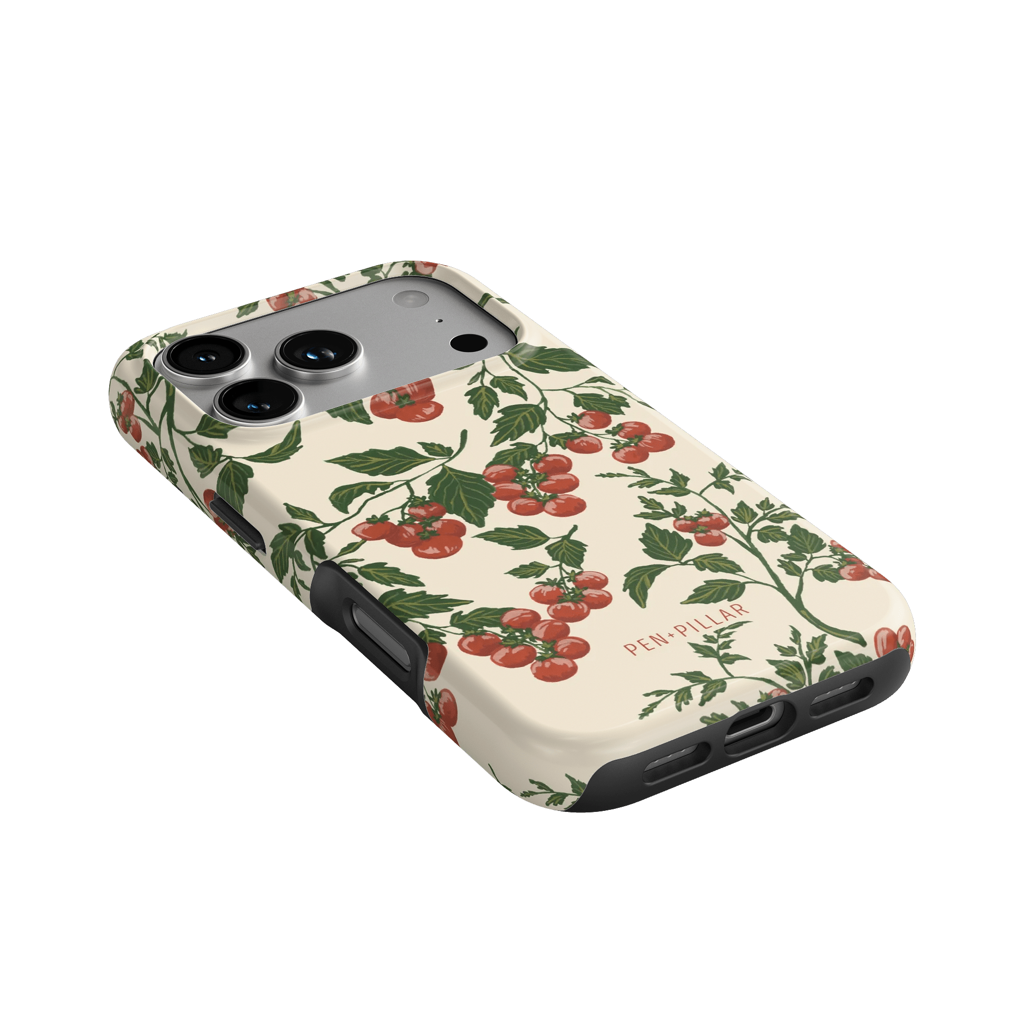 Tomato vines iPhone case featuring a floral design with red tomatoes on a cream background.