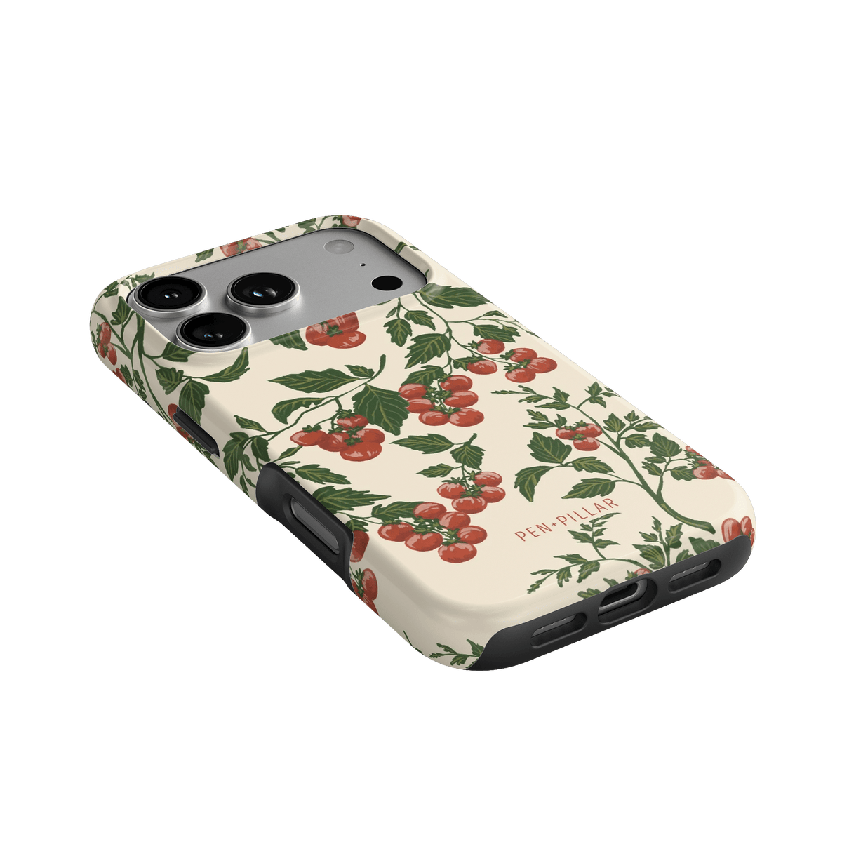 Tomato vines iPhone case featuring a floral design with red tomatoes on a cream background.