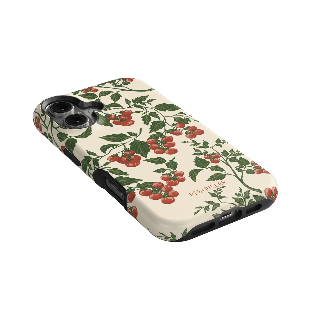 Tomato vines iPhone case featuring red cherry tomatoes on a cream background with black edges.