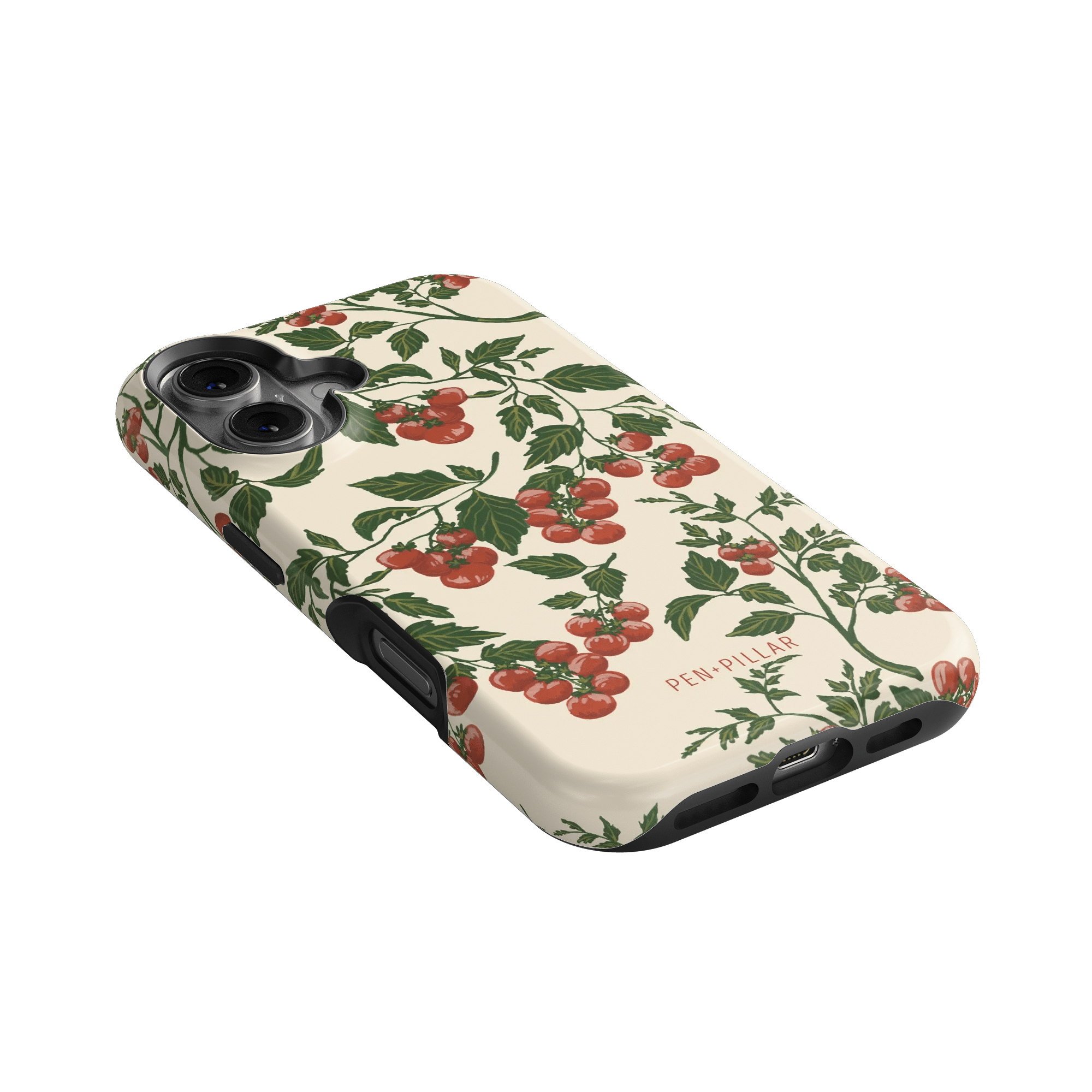 Tomato vines iPhone case featuring red cherry tomatoes on a cream background with black edges.