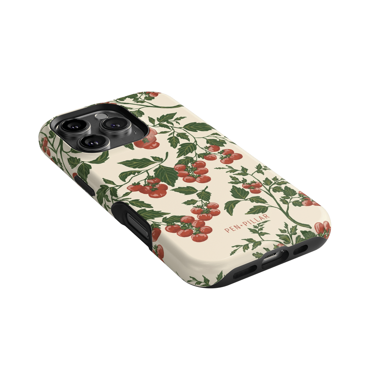 Tomato vines iPhone case featuring a cream background with red cherry tomatoes and green leaves design.