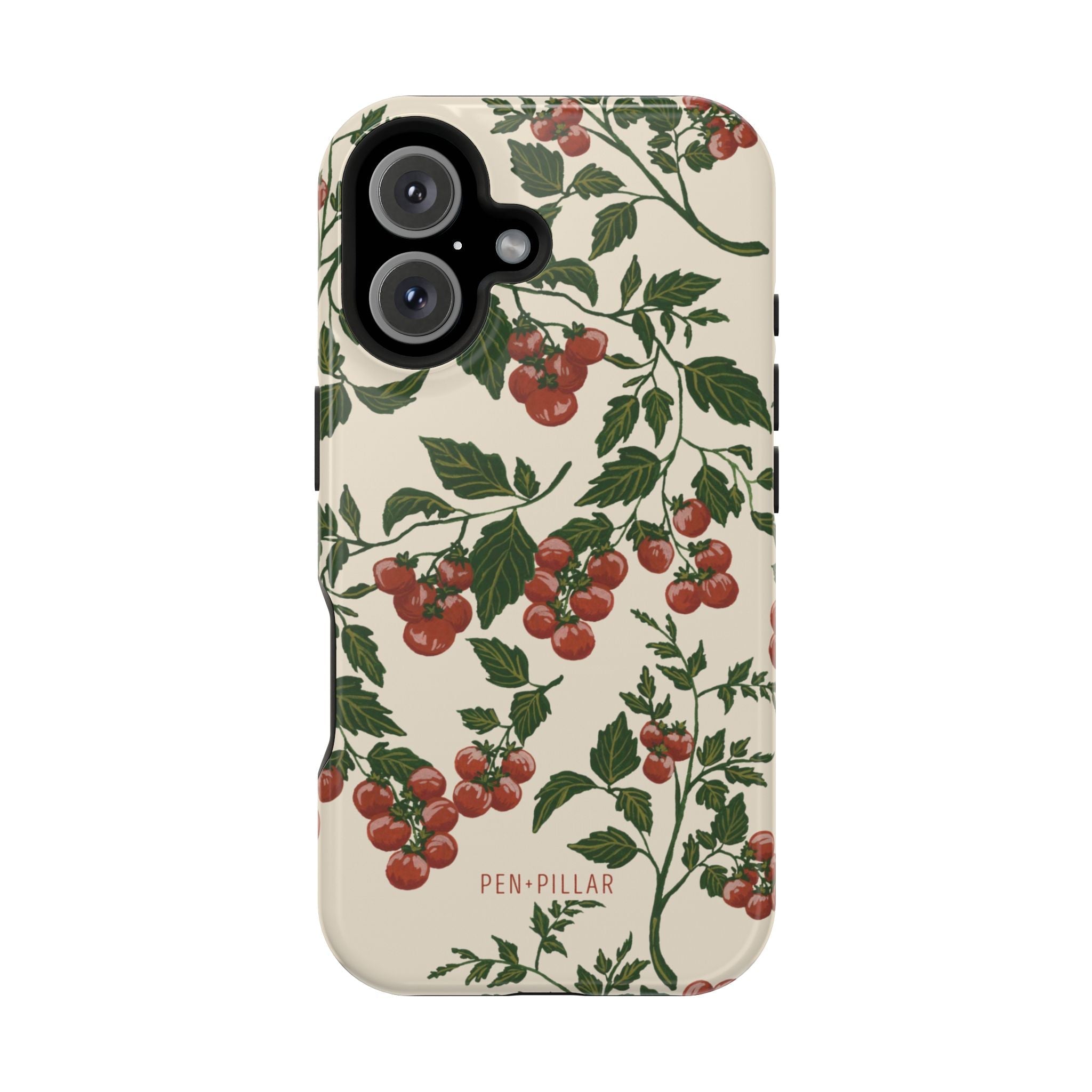 Tomato vines iPhone case featuring a cream background with red tomatoes and green leaves design.
