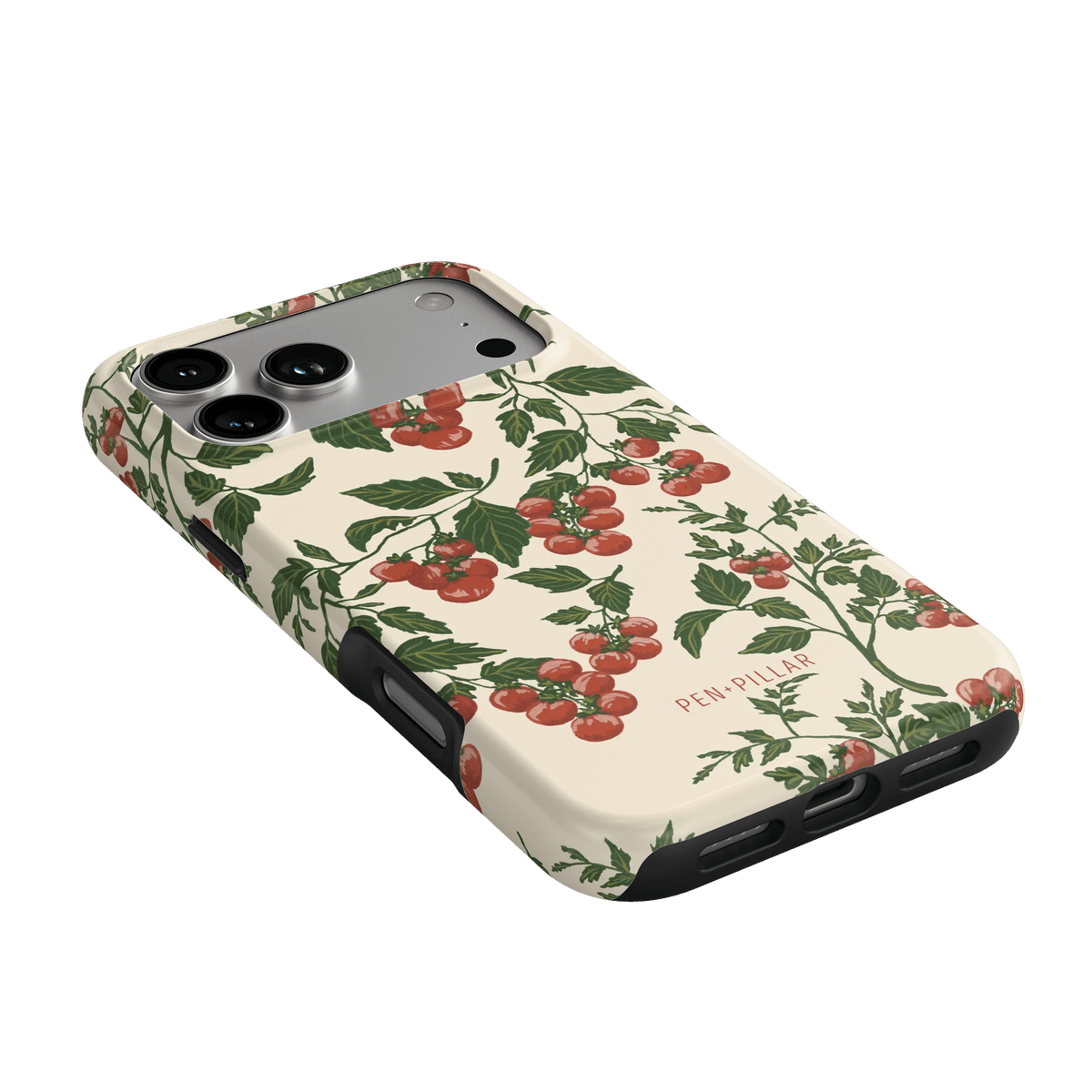 Tomato vines iPhone case featuring a cream background with red tomatoes and green leaves, angled to show side ports.