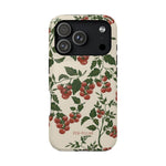 Tomato vines iPhone case featuring red tomatoes and green leaves on a cream background.