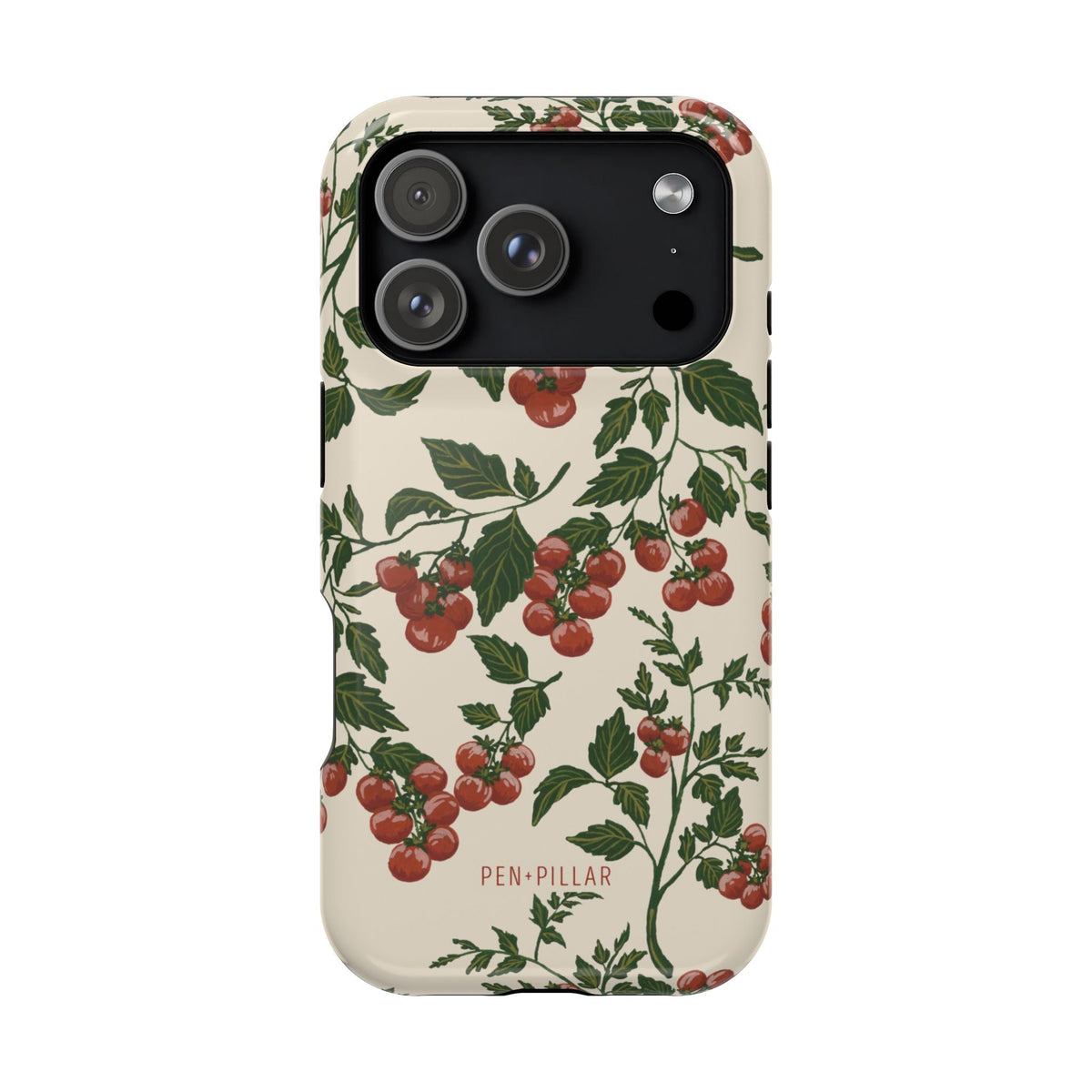 Tomato vines iPhone case featuring red tomatoes and green leaves on a cream background.