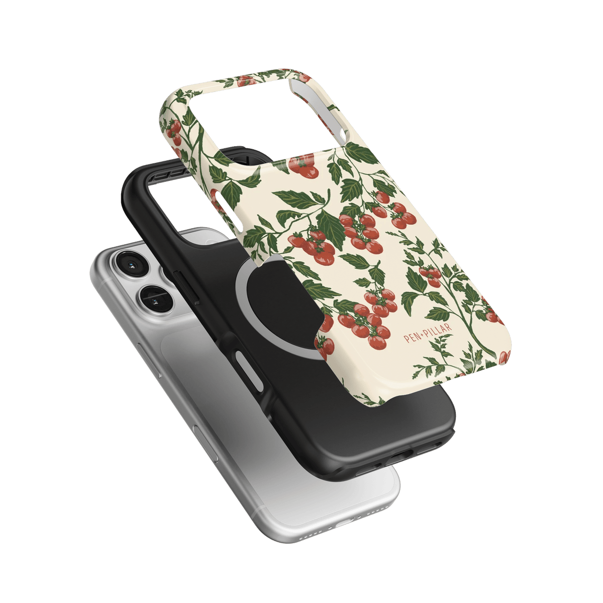 Tomato vines iPhone case featuring a floral design with red tomatoes on a cream background, layered over two other cases.