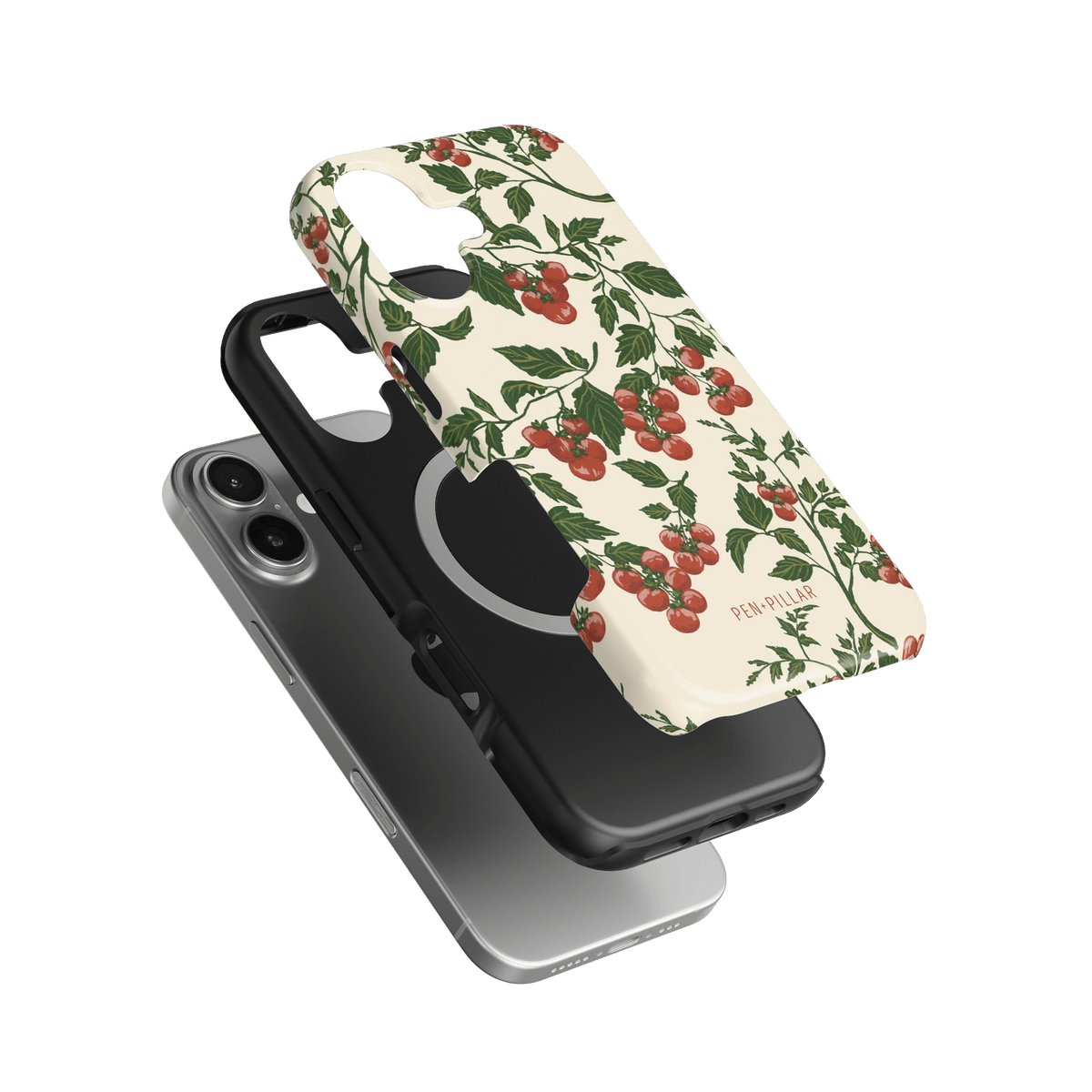 Tomato vines iPhone case featuring a floral design with red tomatoes on a cream background, shown from multiple angles.