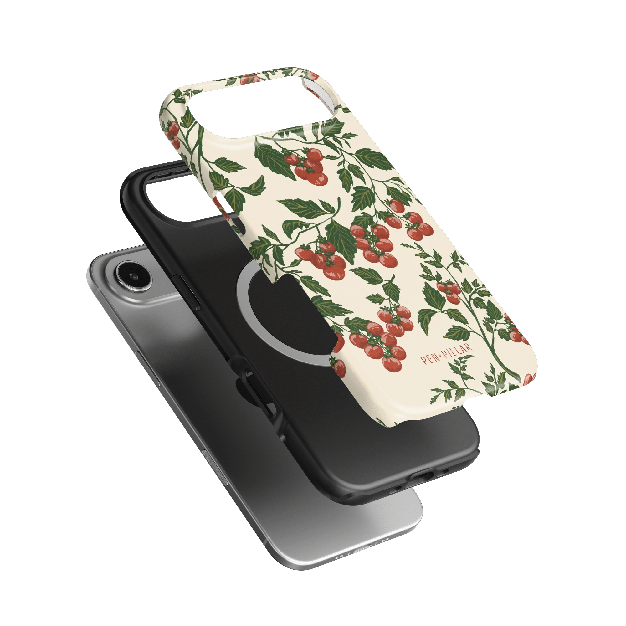 Tomato vines iPhone case featuring a floral design with red tomatoes on a cream background, shown from multiple angles.