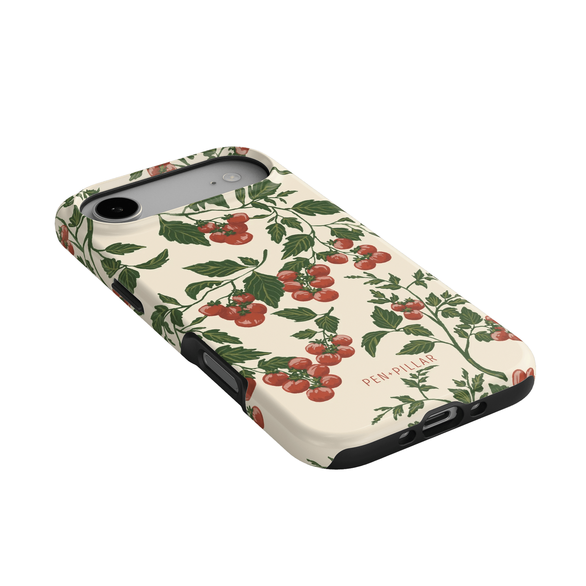 Tomato vines iPhone case featuring a cream background with red tomatoes and green leaves design.