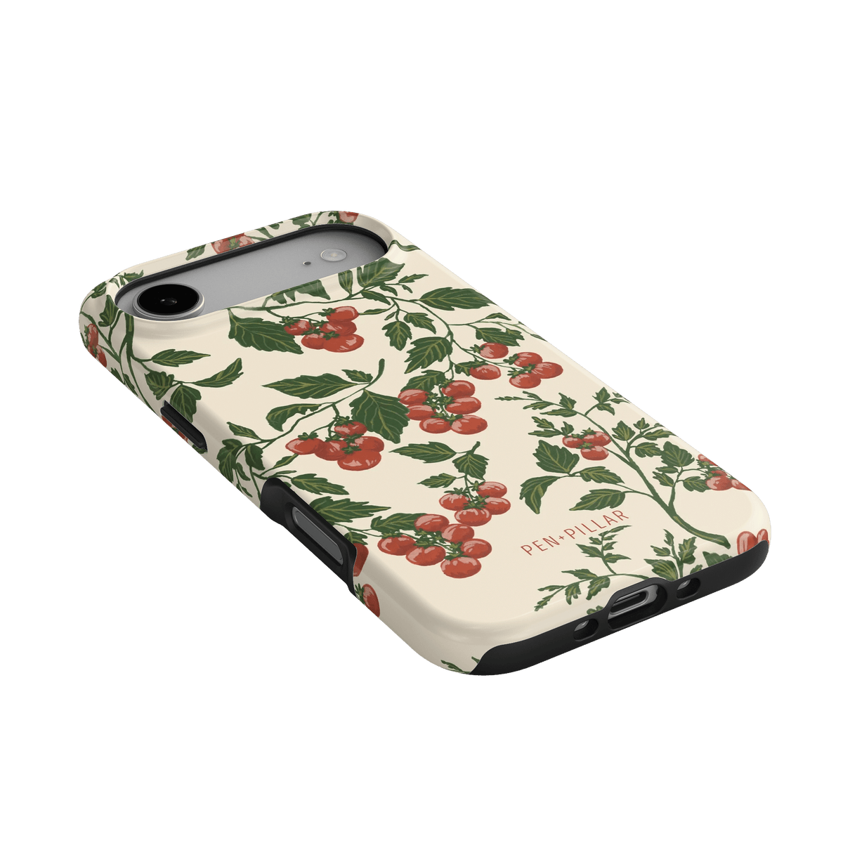Tomato vines iPhone case featuring a cream background with red tomatoes and green leaves design.