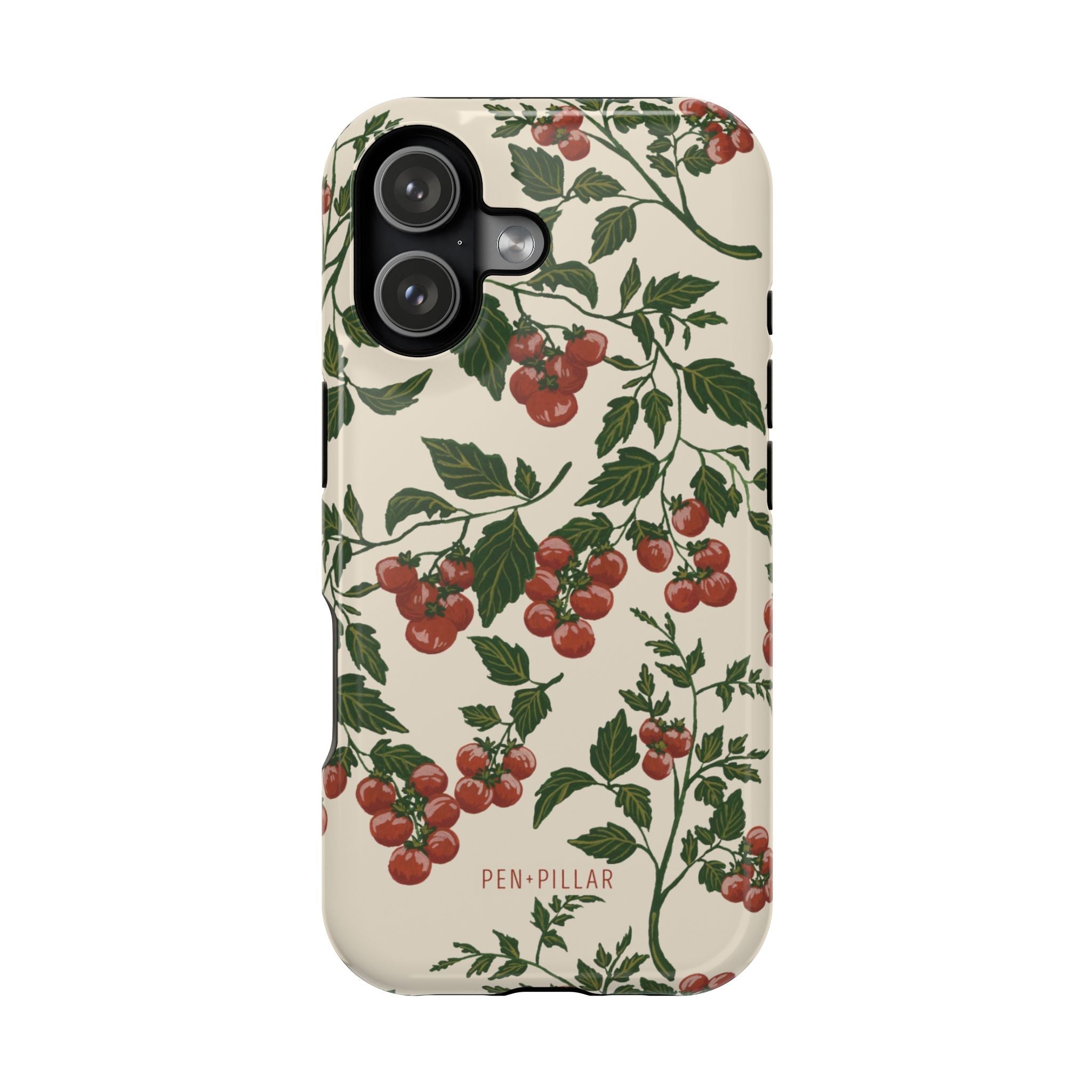 Tomato vines iPhone case featuring red tomatoes and green leaves on a cream background.
