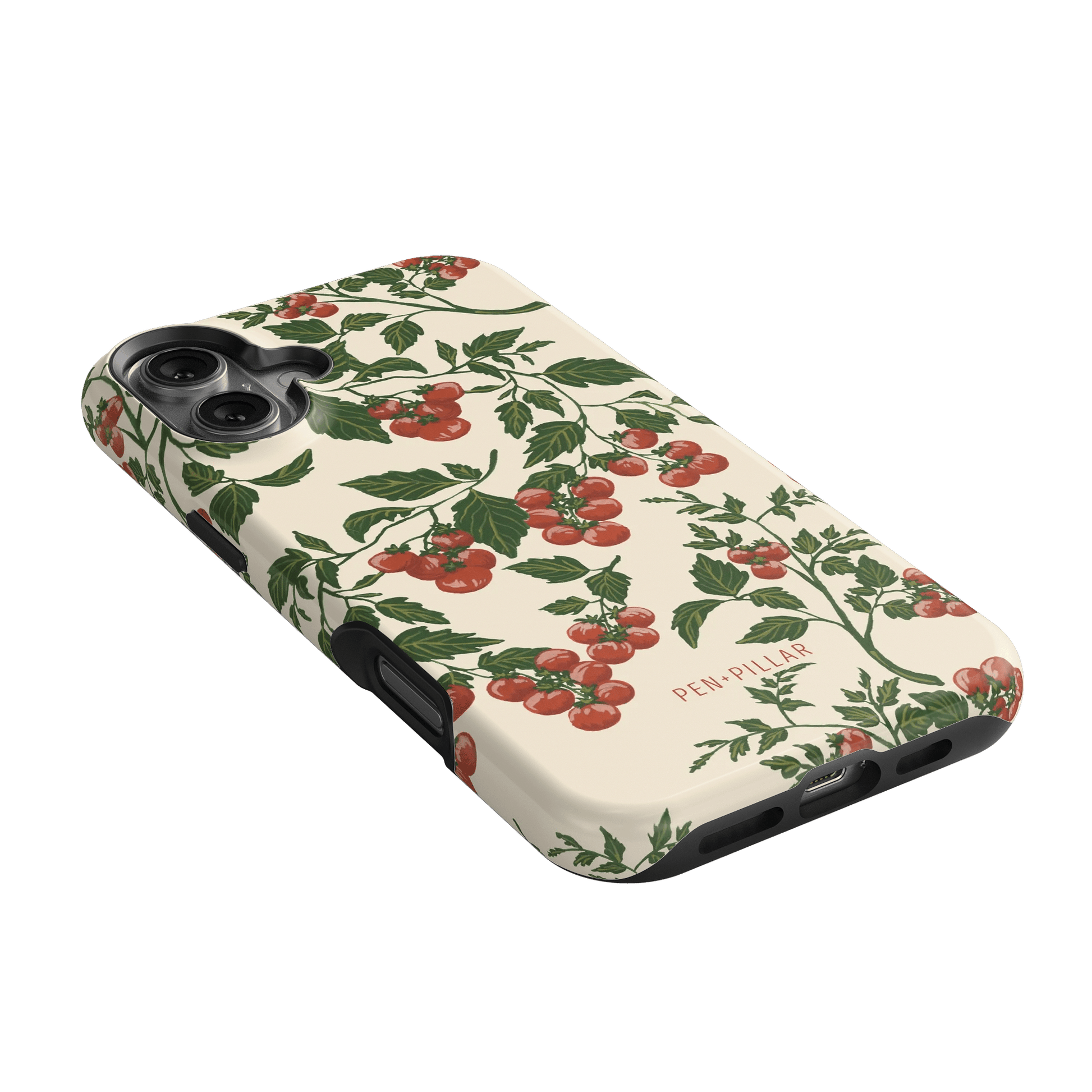 Tomato vines iPhone case featuring a floral design with red tomatoes on a cream background.