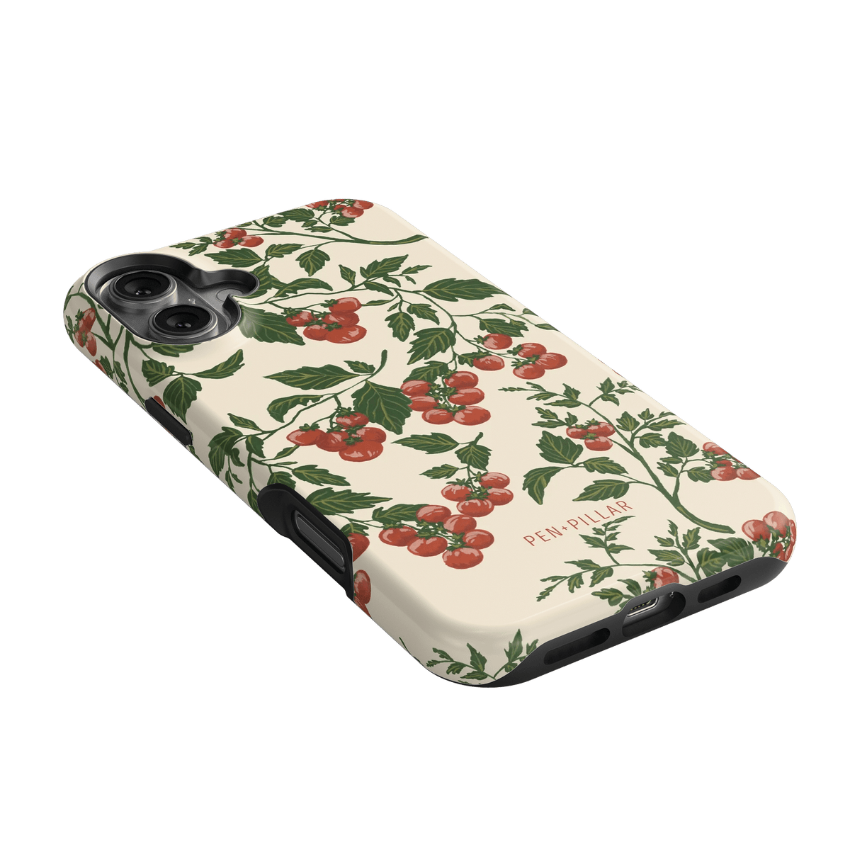 Tomato vines iPhone case featuring a floral design with red tomatoes on a cream background.