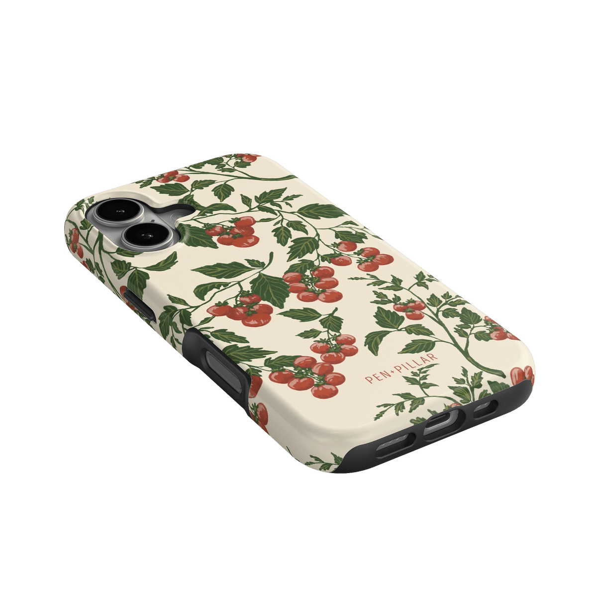 Tomato vines iPhone case featuring a cream background with red tomatoes and green leaves, angled view showing ports.
