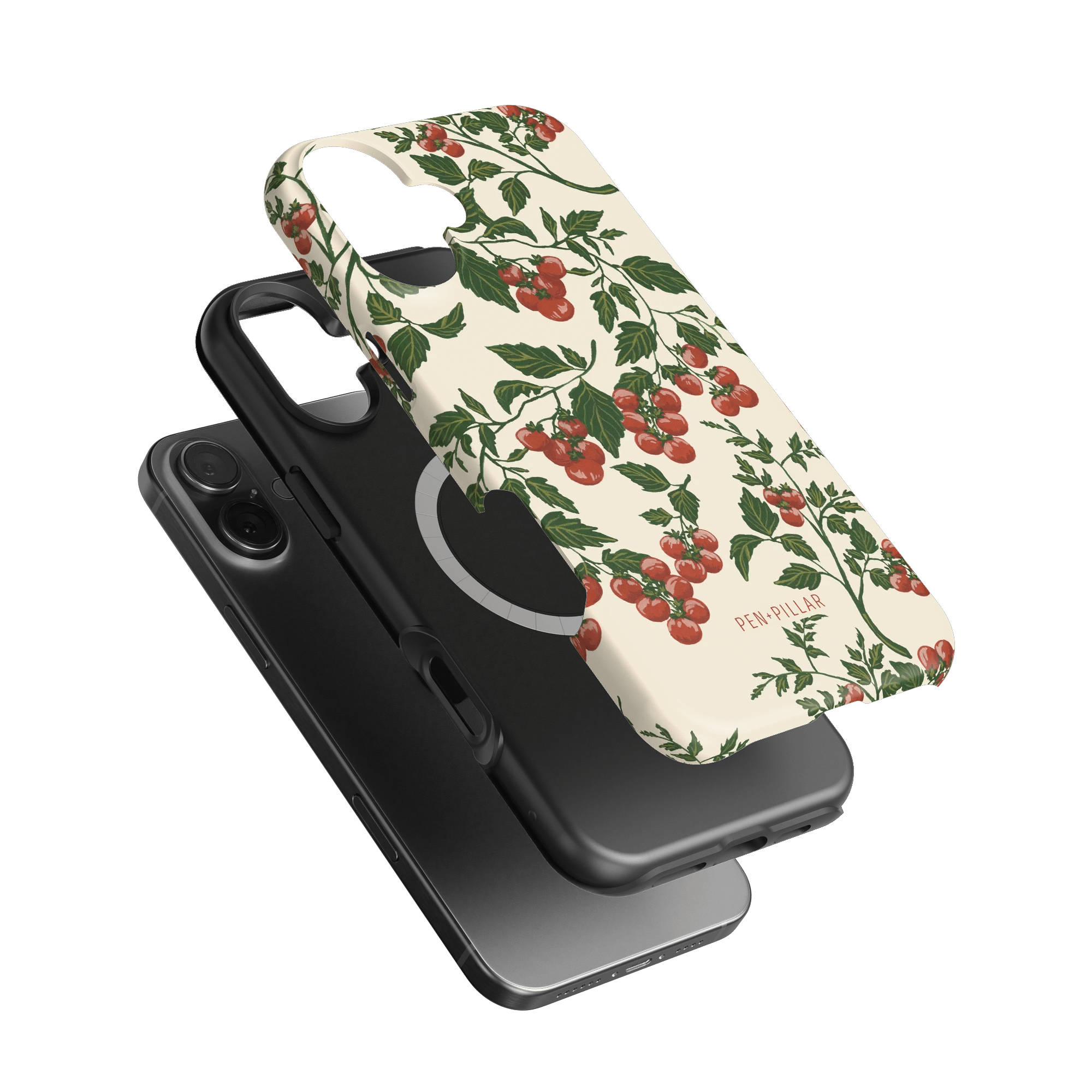 Tomato vines iPhone case featuring a floral design with red tomatoes on a cream background, shown with a black phone.