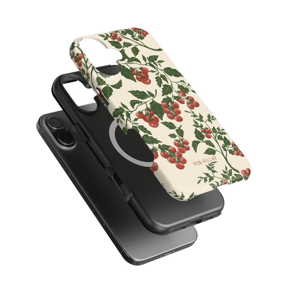 Tomato vines iPhone case featuring a floral design with red tomatoes on a cream background, shown with a black phone.