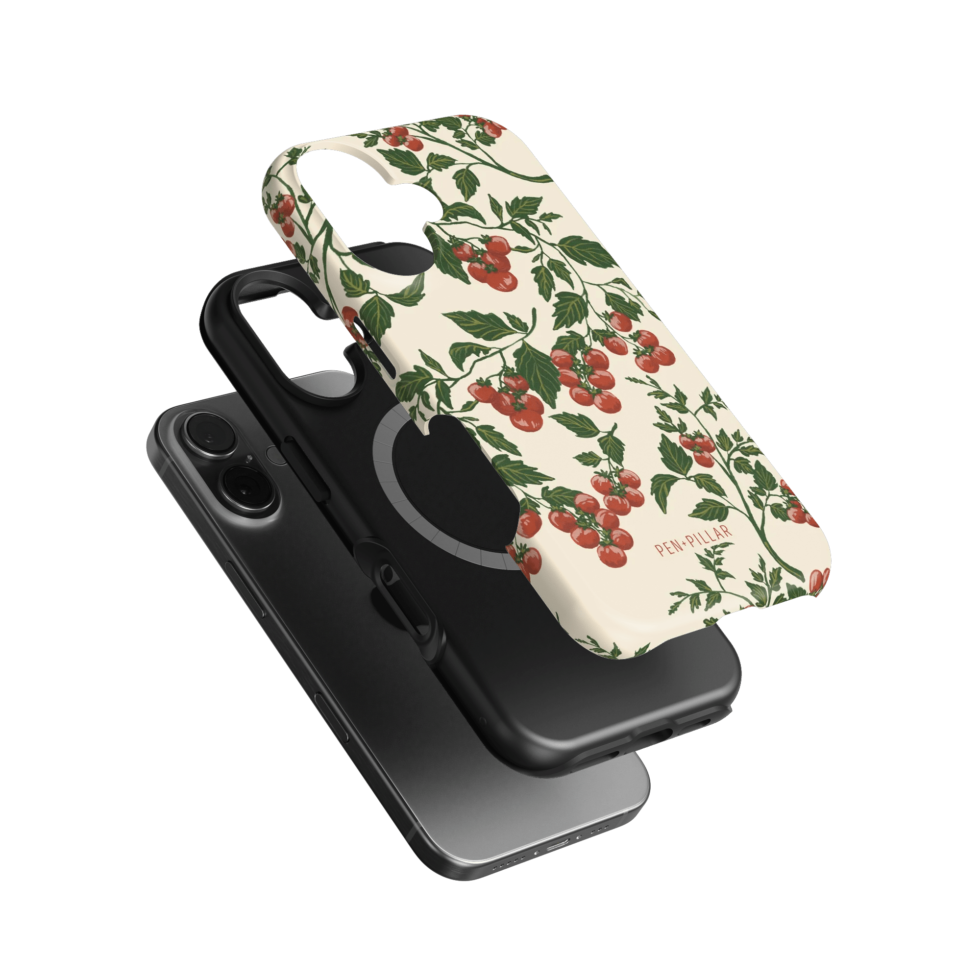 Tomato vines iPhone case featuring a floral design with red tomatoes on a cream background, shown from multiple angles.