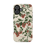 Tomato vines iPhone case featuring a floral pattern with red tomatoes and green leaves on a cream background.