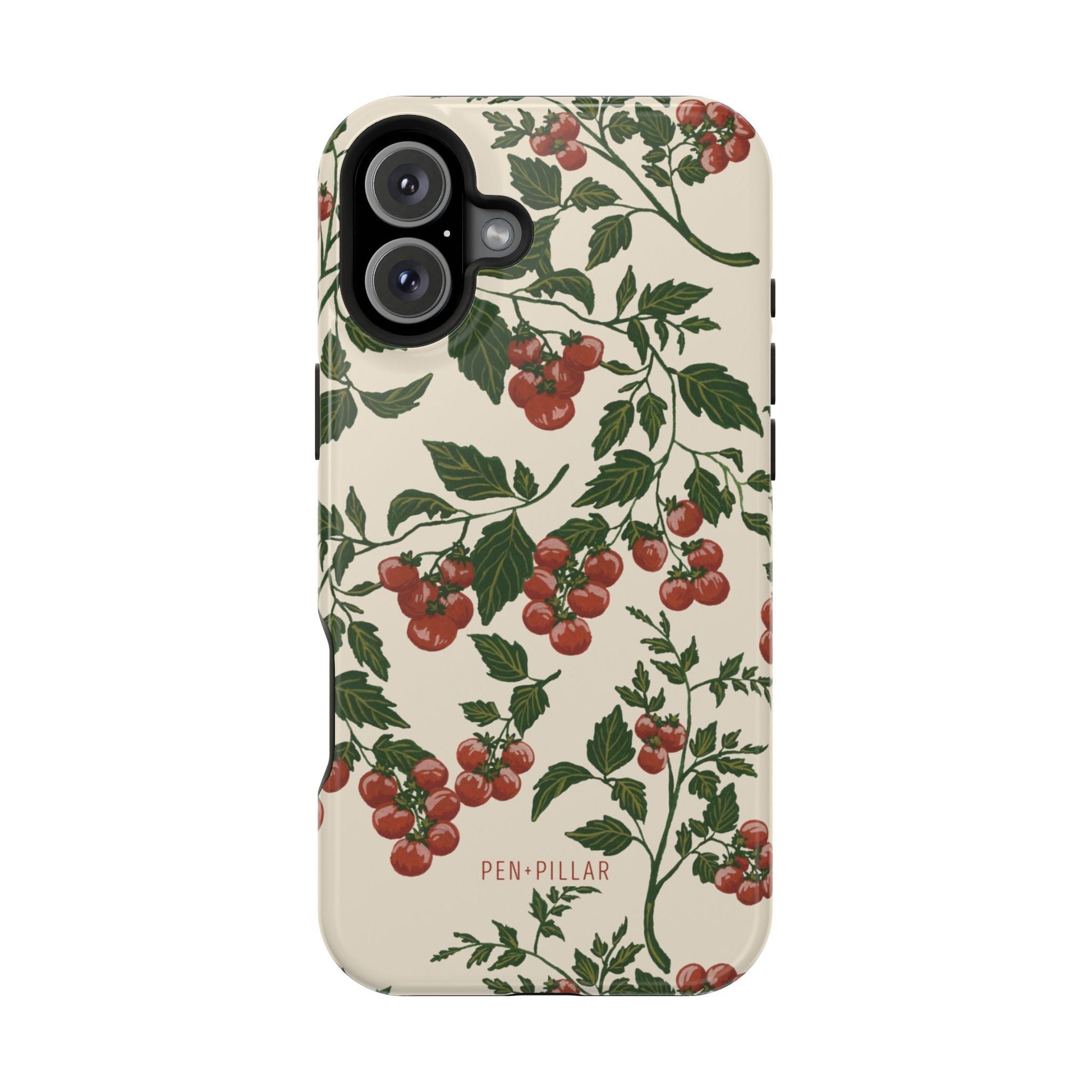 Tomato vines iPhone case featuring a floral pattern with red tomatoes and green leaves on a cream background.