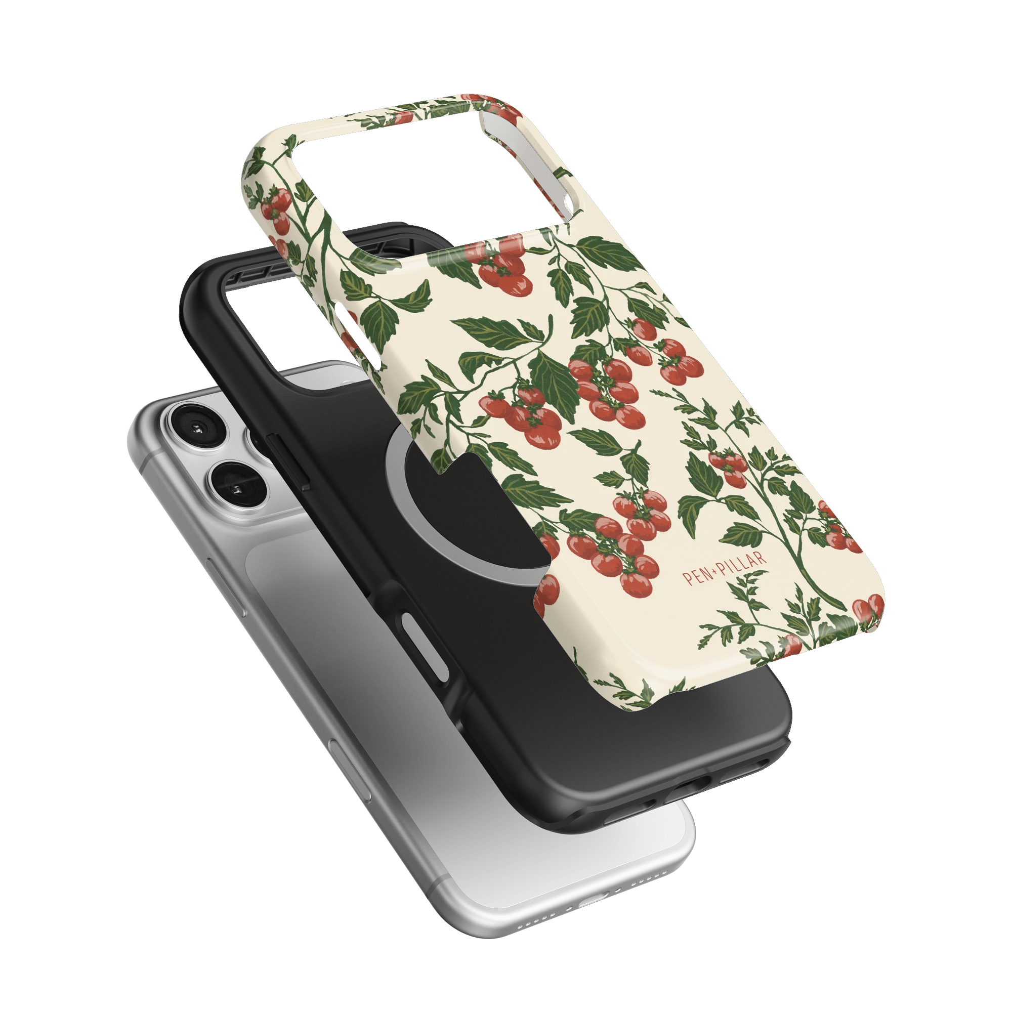 Tomato vines iPhone case featuring a floral design with red tomatoes on a cream background, shown from multiple angles.