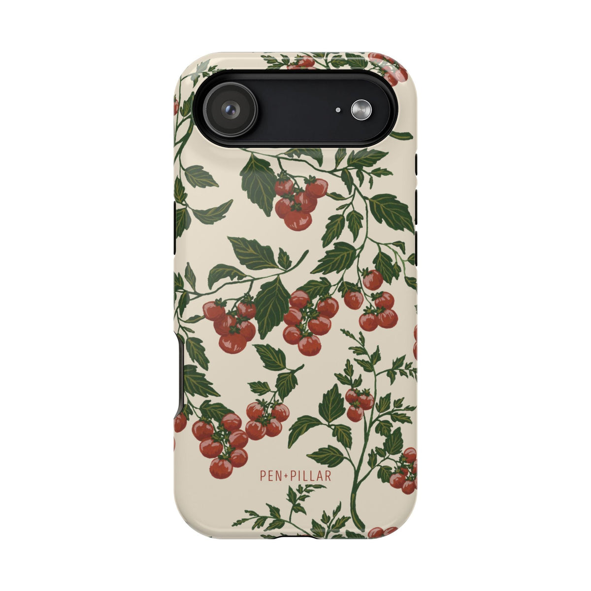 Tomato vines design on a phone case with red tomatoes and green leaves against a light background.