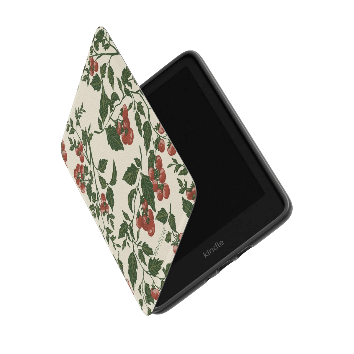 Tomato vines Kindle case with a floral design featuring red tomatoes and green leaves on a cream background.