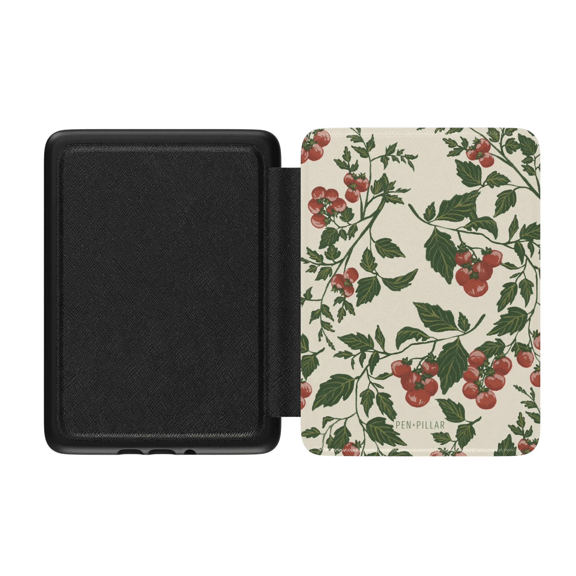 Tomato vines Kindle case featuring a floral design with red tomatoes and green leaves on a cream background.