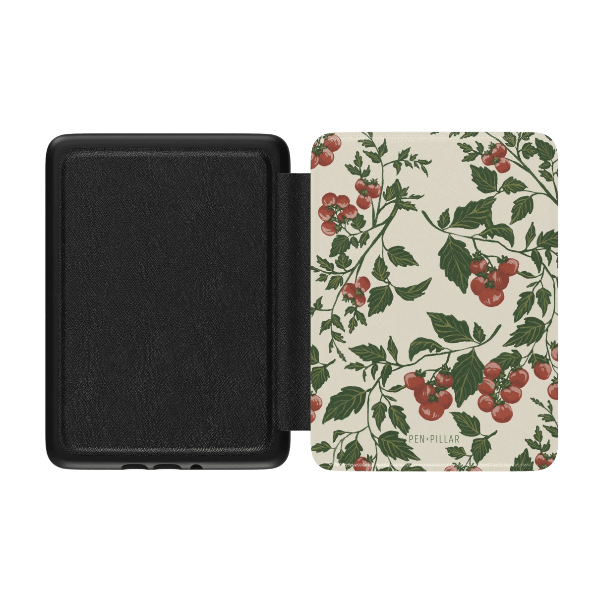 Tomato vines Kindle case featuring a floral design with red tomatoes and green leaves on a cream background.