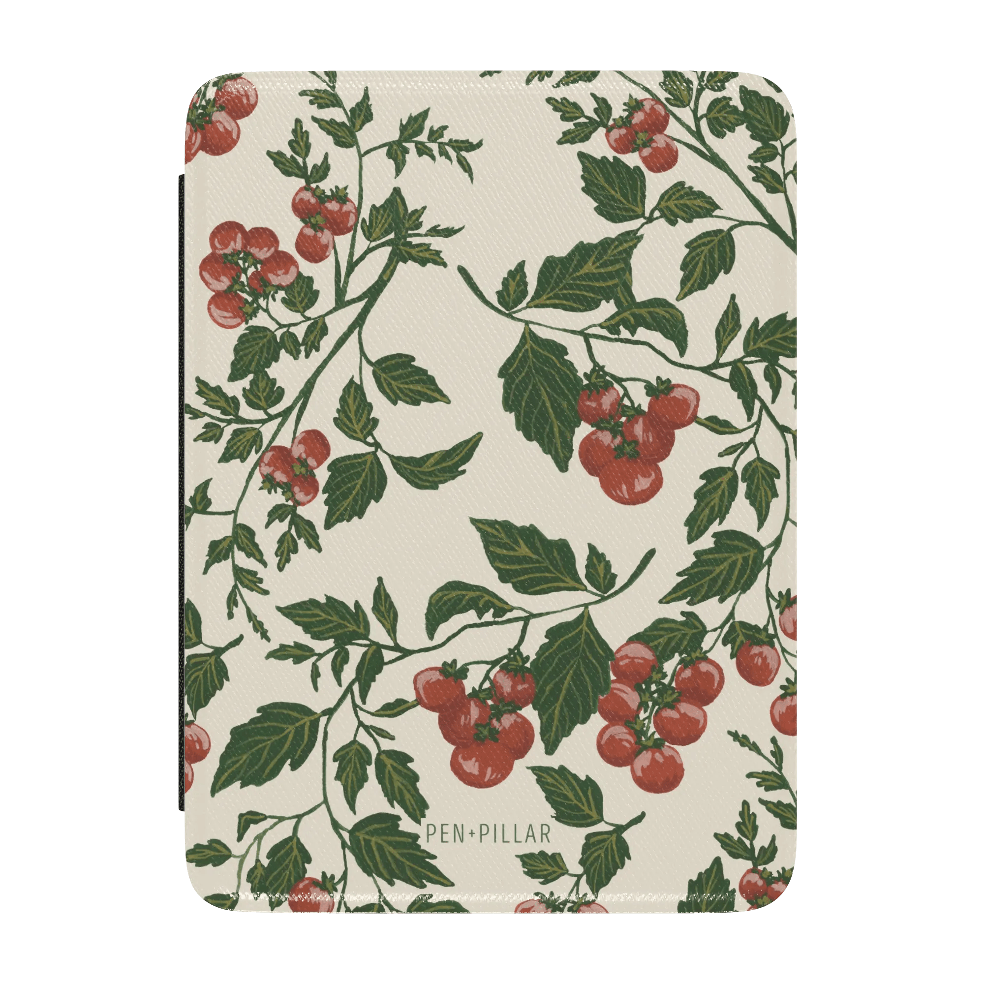 Tomato vines Kindle case featuring red tomatoes and green leaves on a cream background.