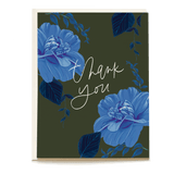 Twilight thank you card featuring blue flowers and green background with elegant handwritten text.