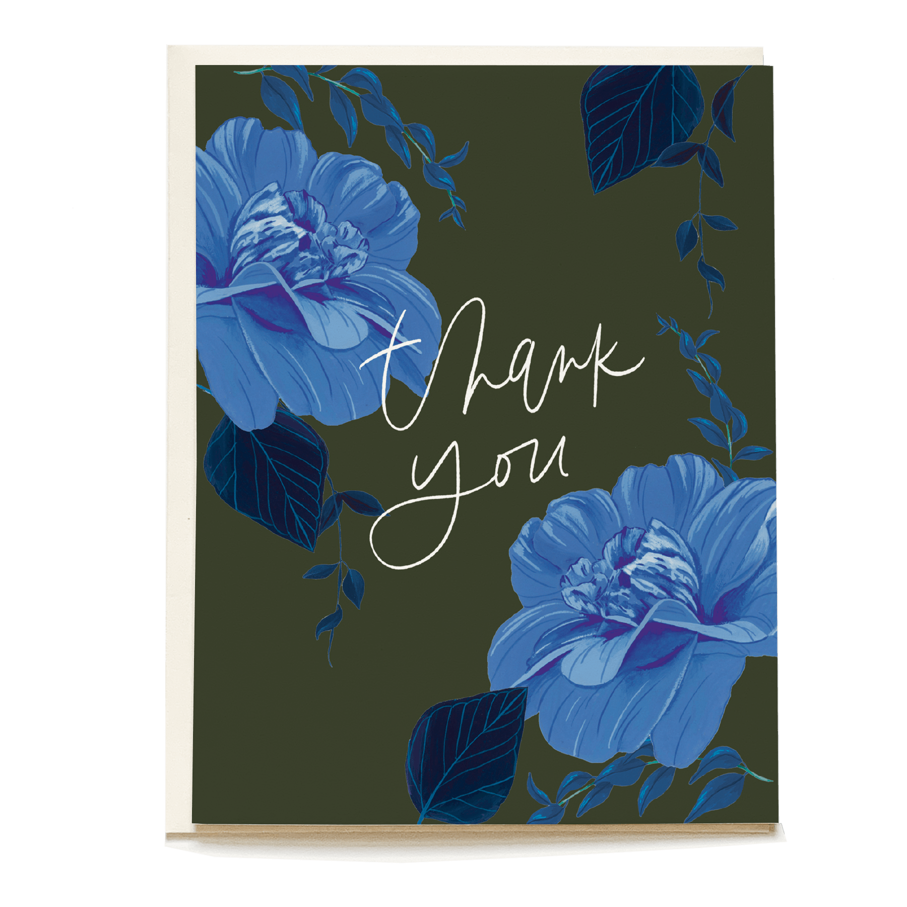 Twilight thank you card featuring blue flowers and green background with elegant handwritten text.