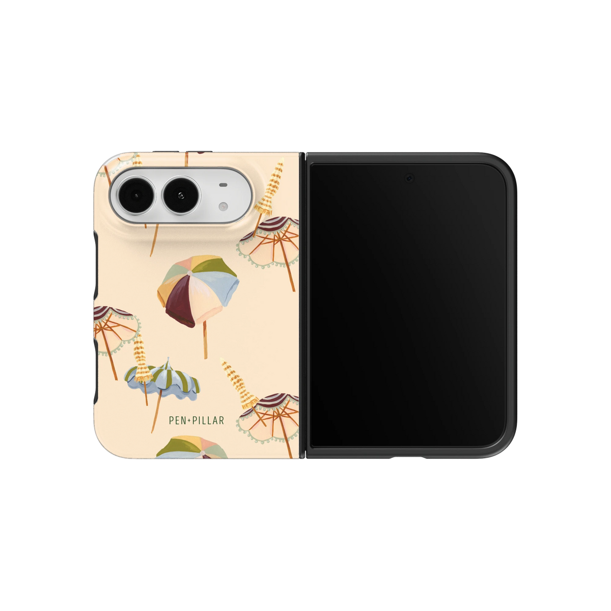 Umbrellas iPhone 18 Duo case on an unfolded iPhone 18 Duo, back and screen side by side: striped beach umbrellas and loungers on warm sand