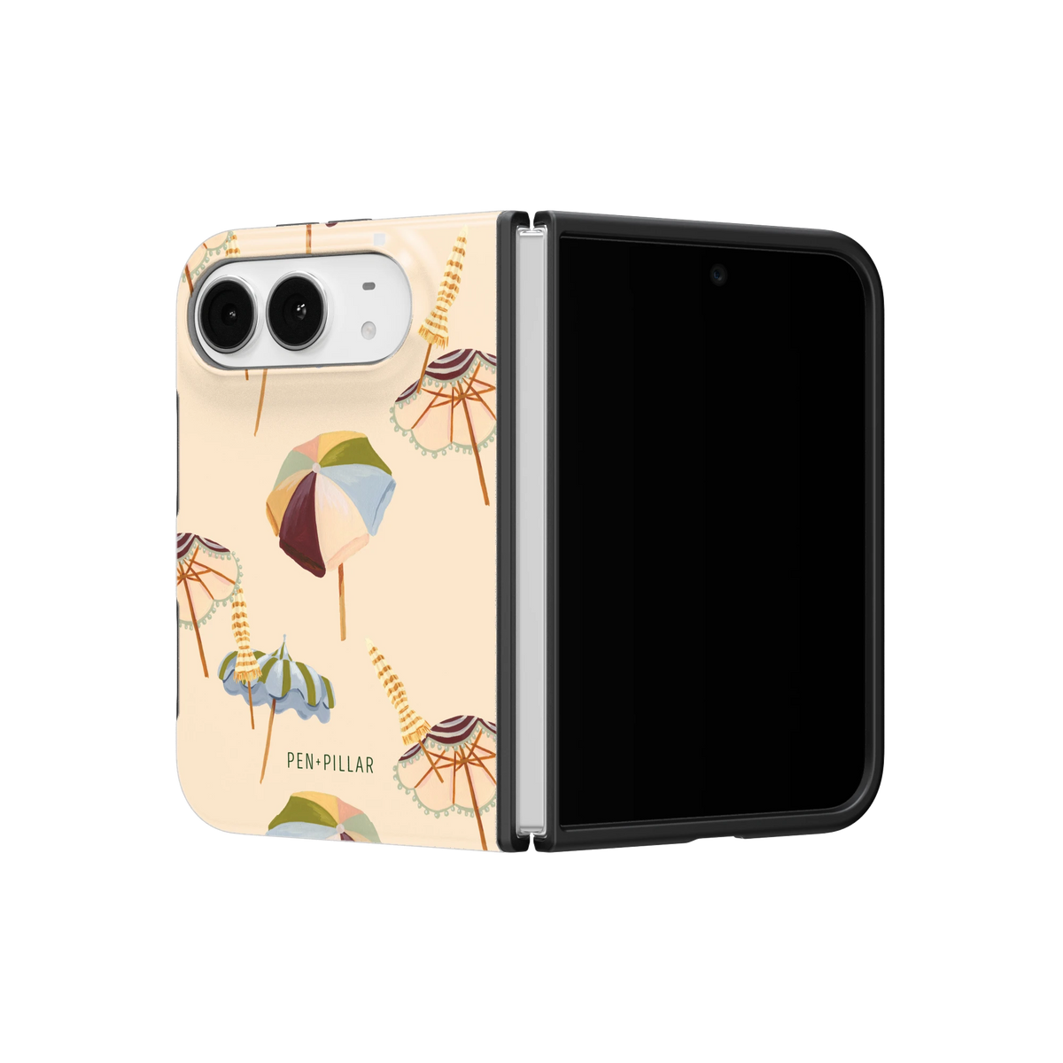 Umbrellas iPhone 18 Duo case on a half-open iPhone 18 Duo, angled view