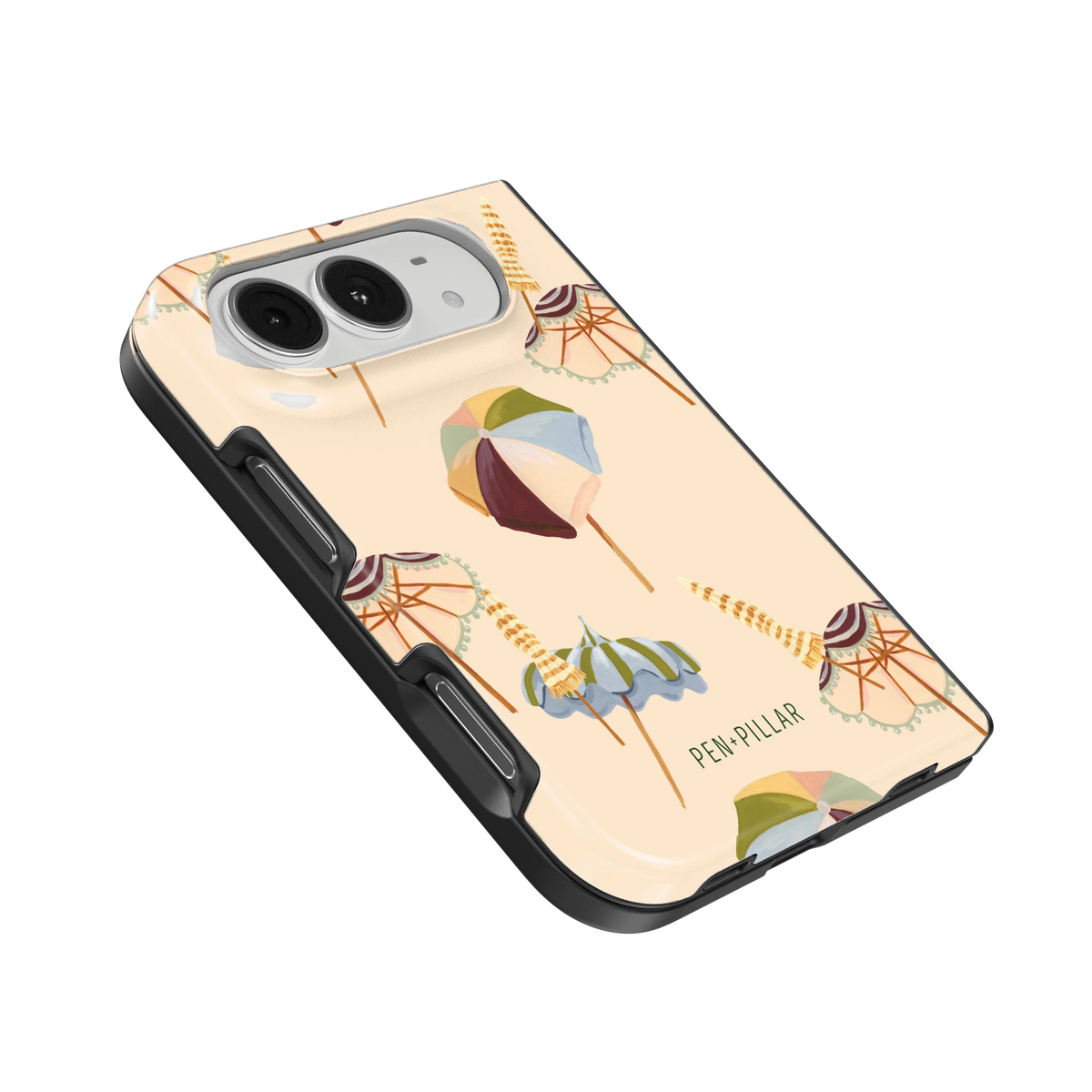 Umbrellas iPhone 18 Duo case, angled view showing the camera surround and side buttons